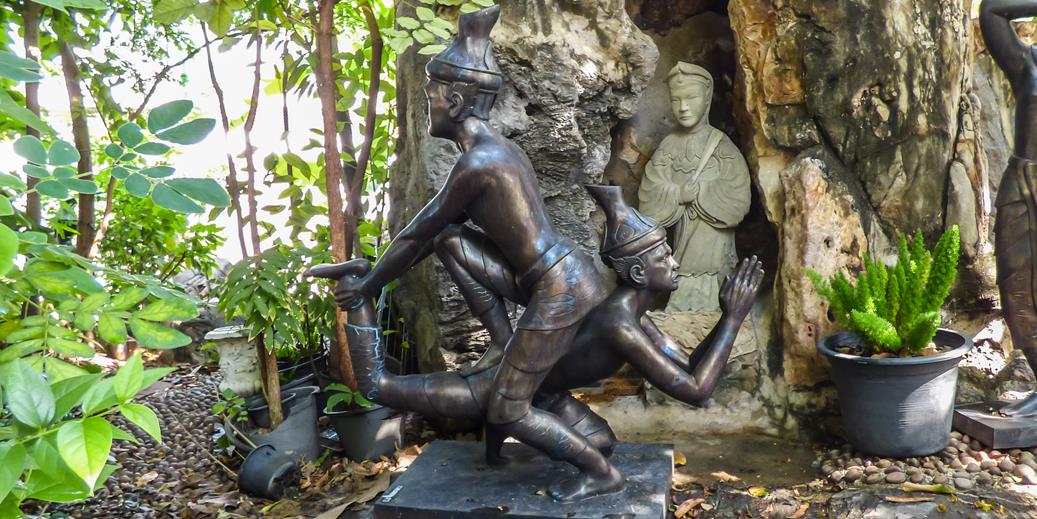 Thai massage statues at Wat Pho temple grounds in Bangkok