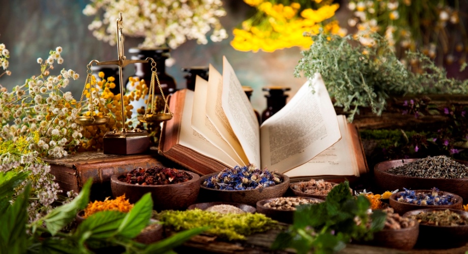 Herbs with book of recipes