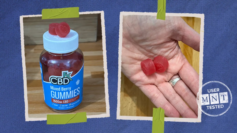 CBD gummies in bottle and in hand
