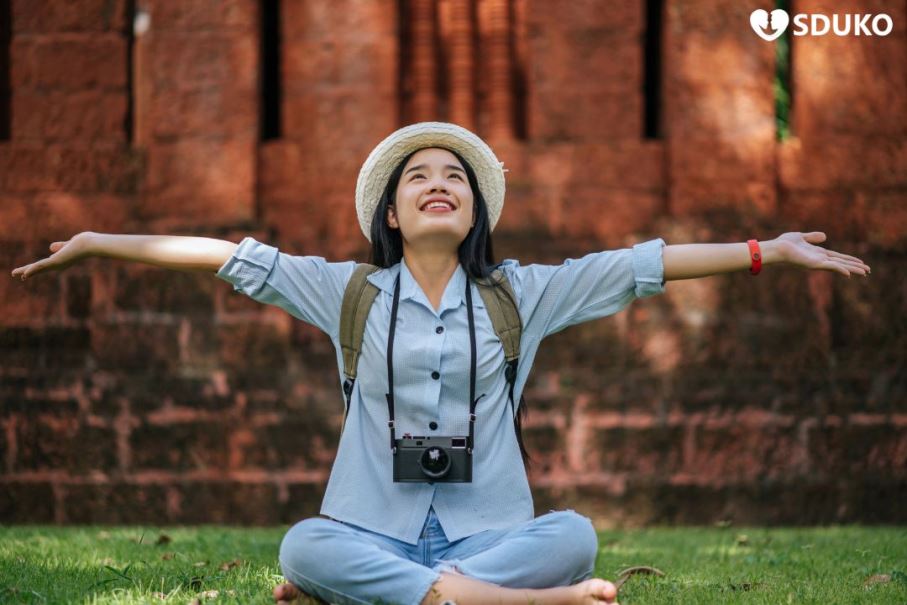 Happy female tourist